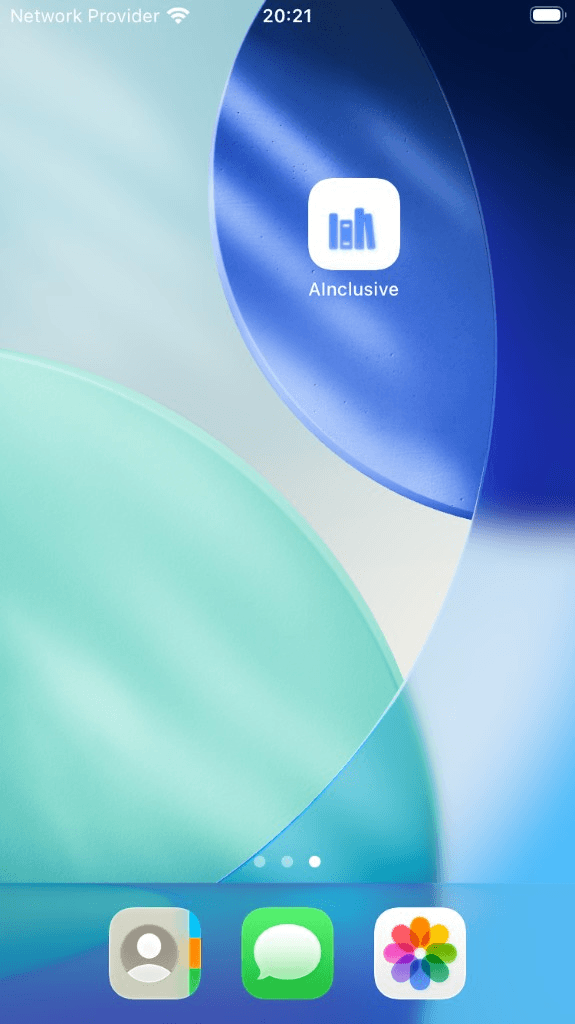 iPhone Home Screen showing the AInclusive app icon