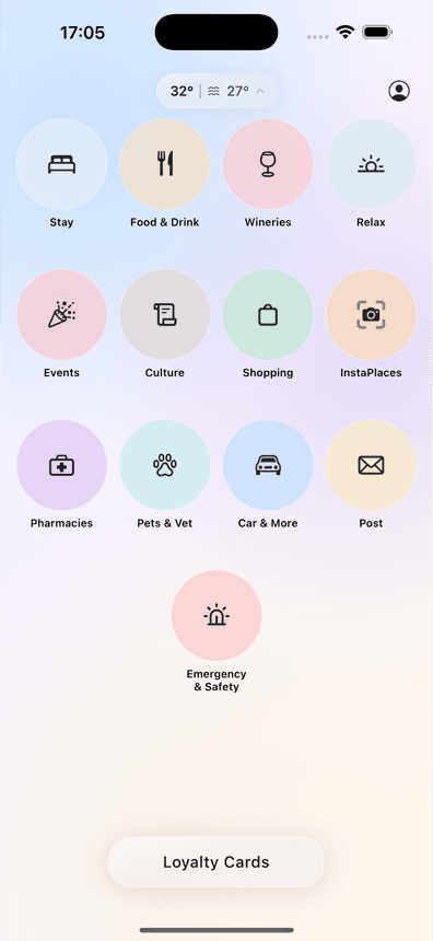 Ciro.Map home screen in English with categories for stay, food, events, and emergencies