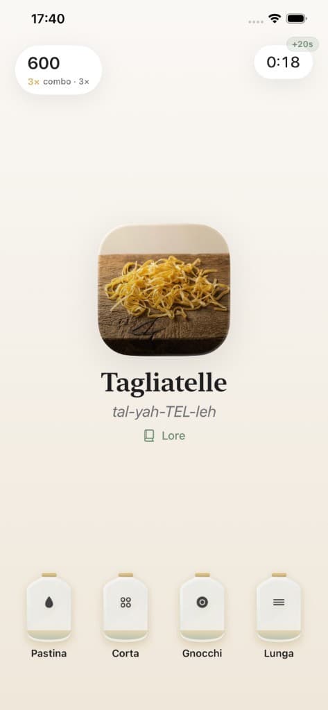 La Pasta gameplay — Tagliatelle round with glass jars and combo score